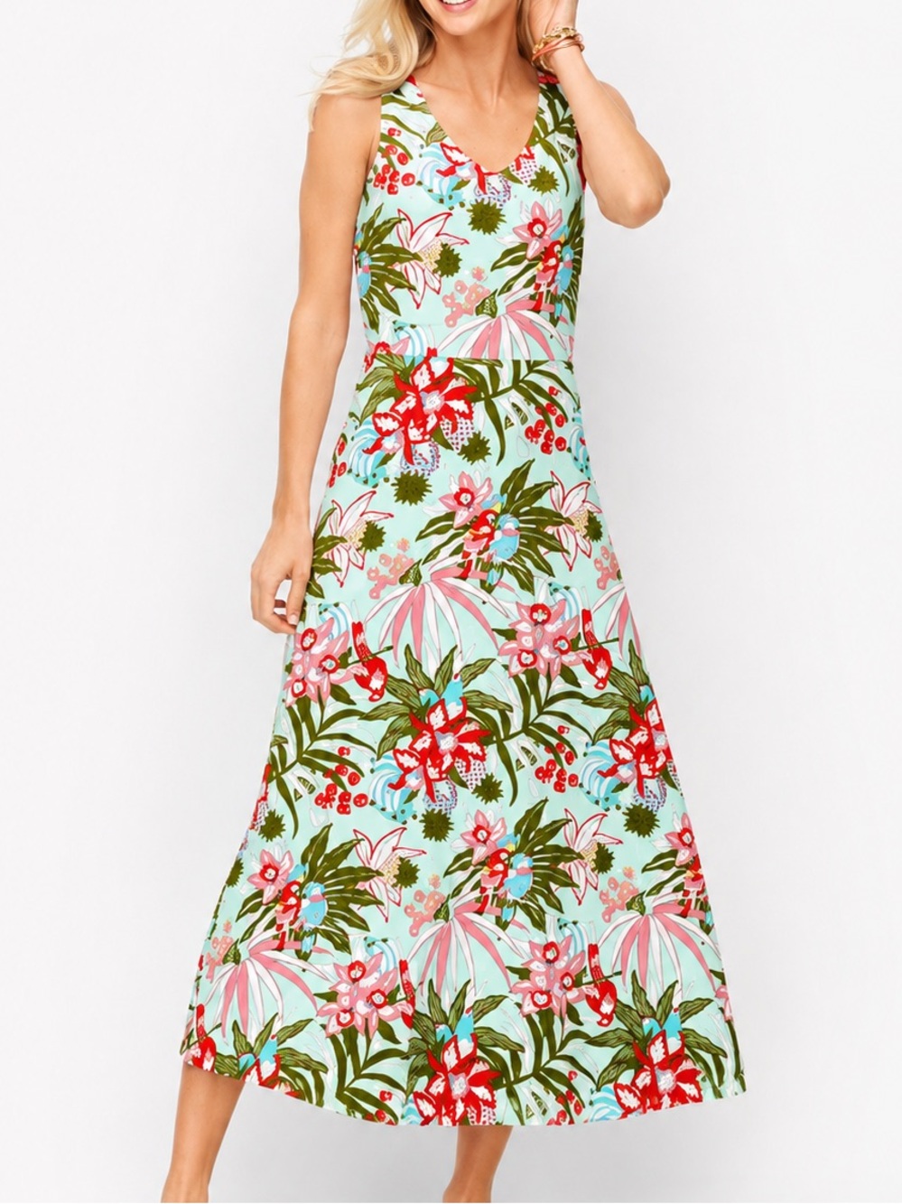 Talbots Petite Tropical Floral Jersey Maxi Dress Mint Green Size LP